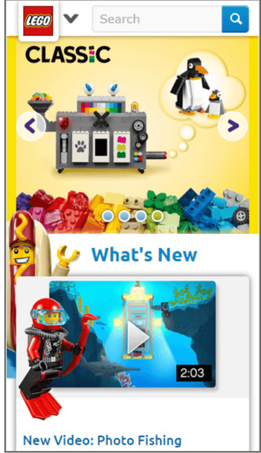 The Lego mobile homepage