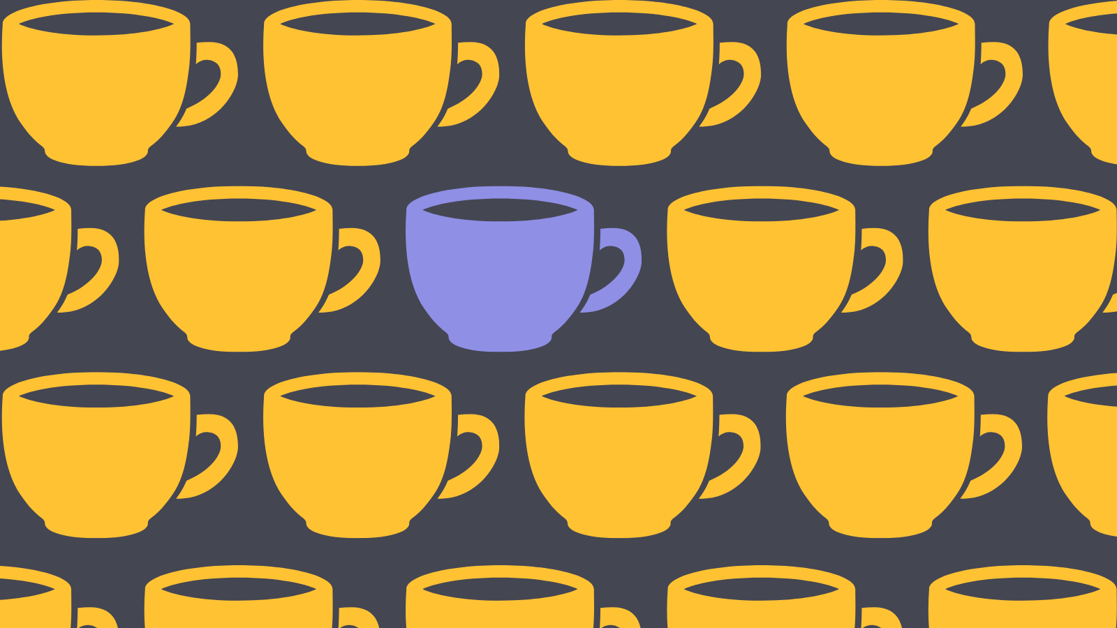 One purple mug among rows of yellow mugs