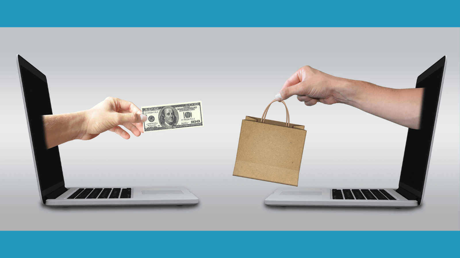 A hand holding a $100 bill and a hand holding a shopping bag reaching towards each other from computer screens