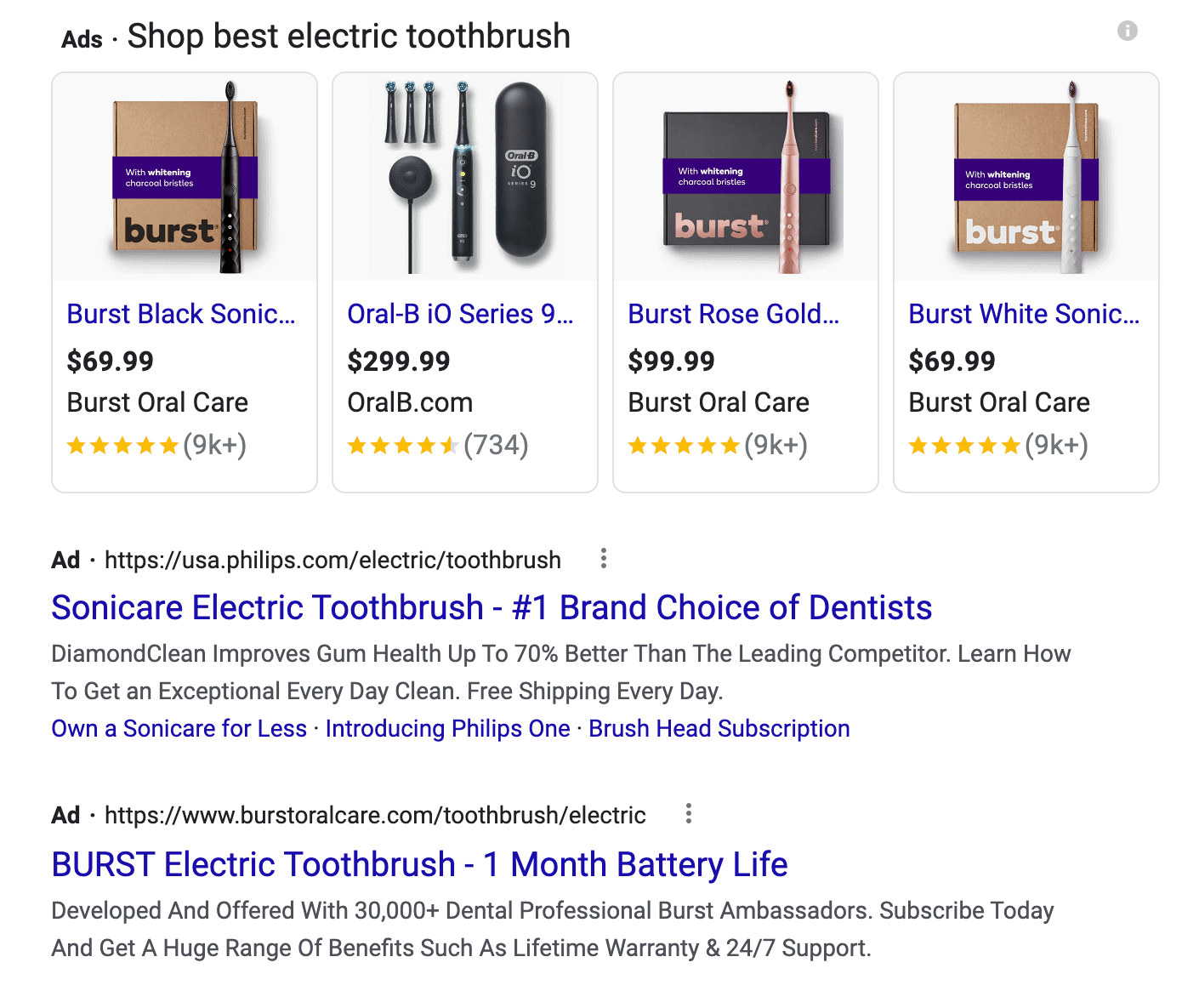 A paid search ad for electric toothbrushes