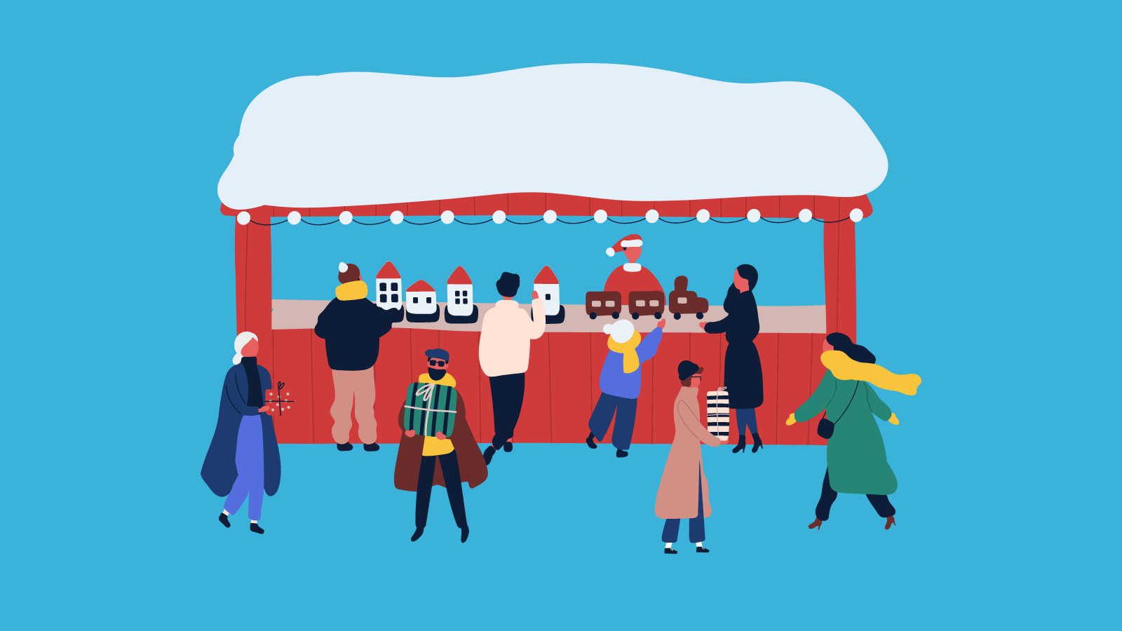 People looking in a window display that includes little houses, a train, and a person in a Santa hat