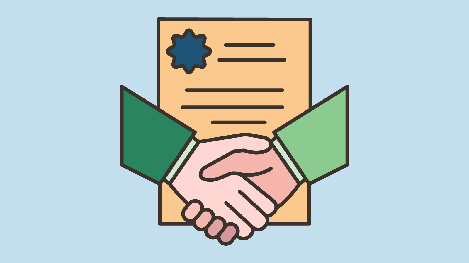 People shaking hands in front of a contract