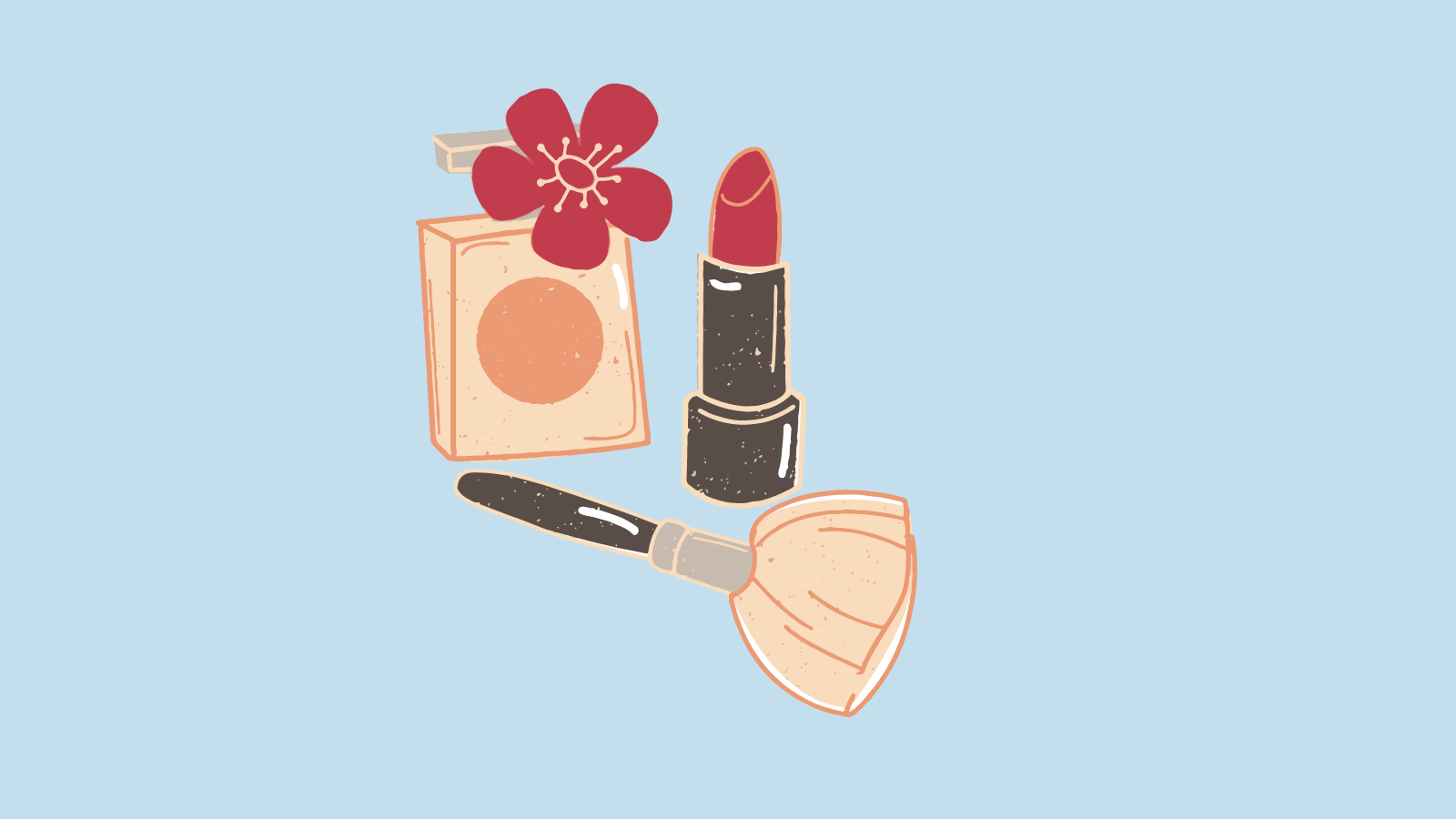 Perfume, lipstick, and a makeup brush