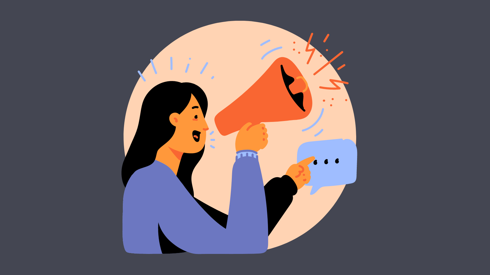 Person talking into a megaphone and pointing at a speech bubble