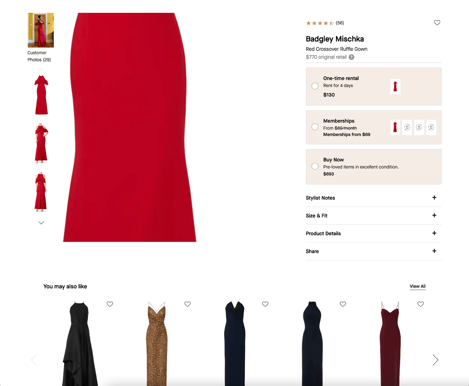 A Product Page from Rent the Runway for a red formal dress