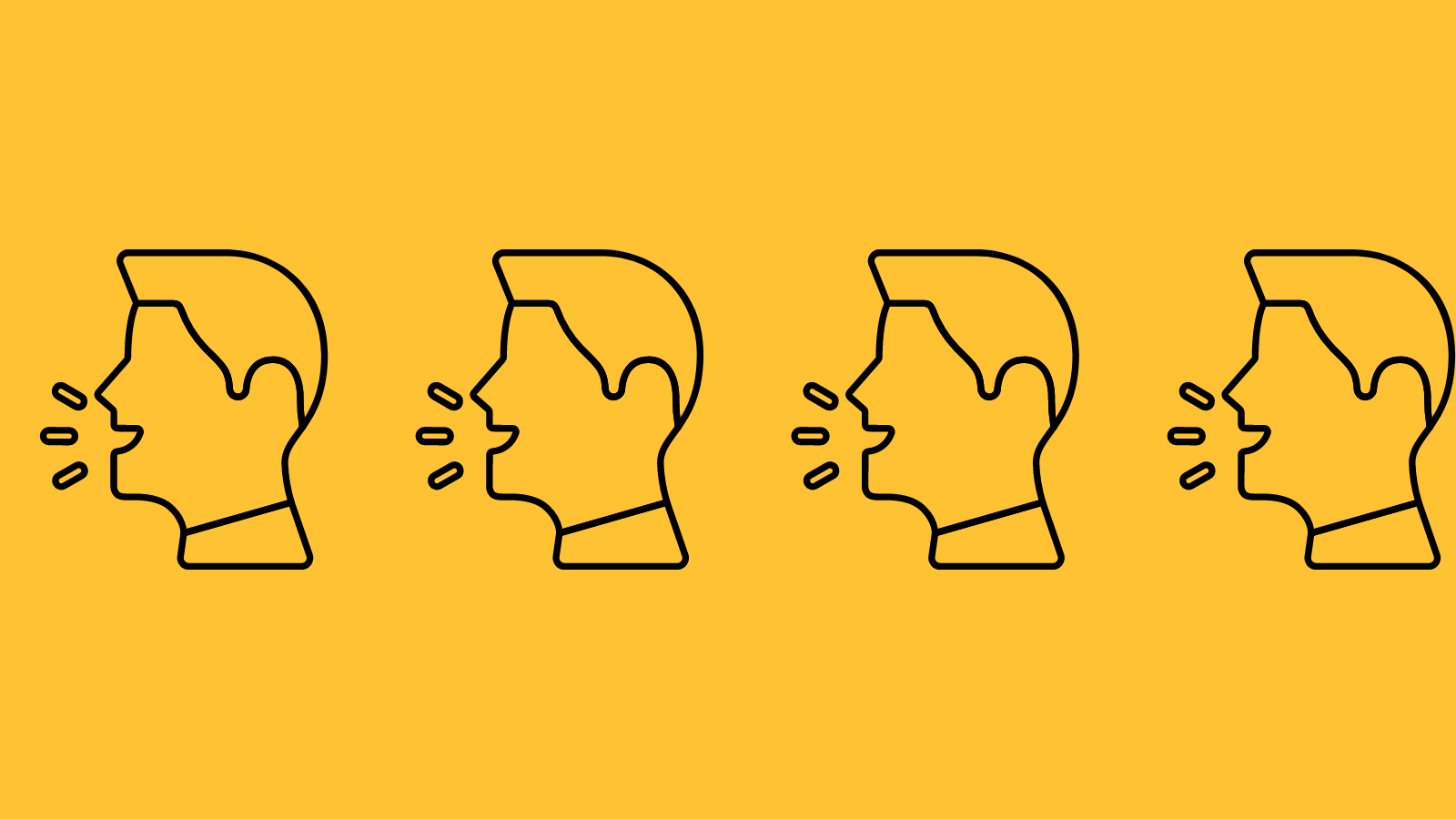 four simple line drawings of a person looking to the right with lines next to their open mouths to imply that they're speaking