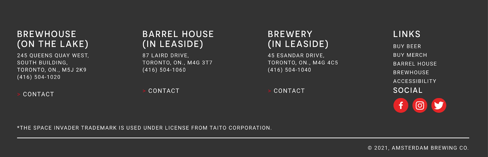Amsterdam Brewing Company website footer with the contact information for all of their locations.