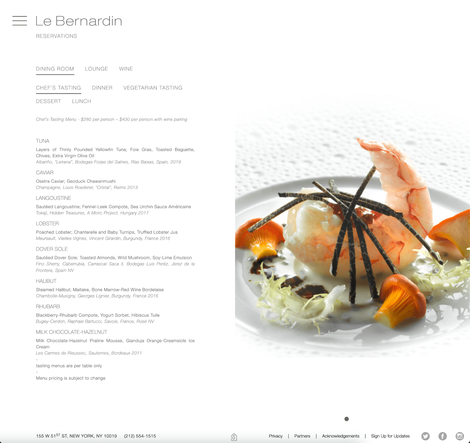 Le Bernadin's menu page featuring a shrimp on a fancy plate