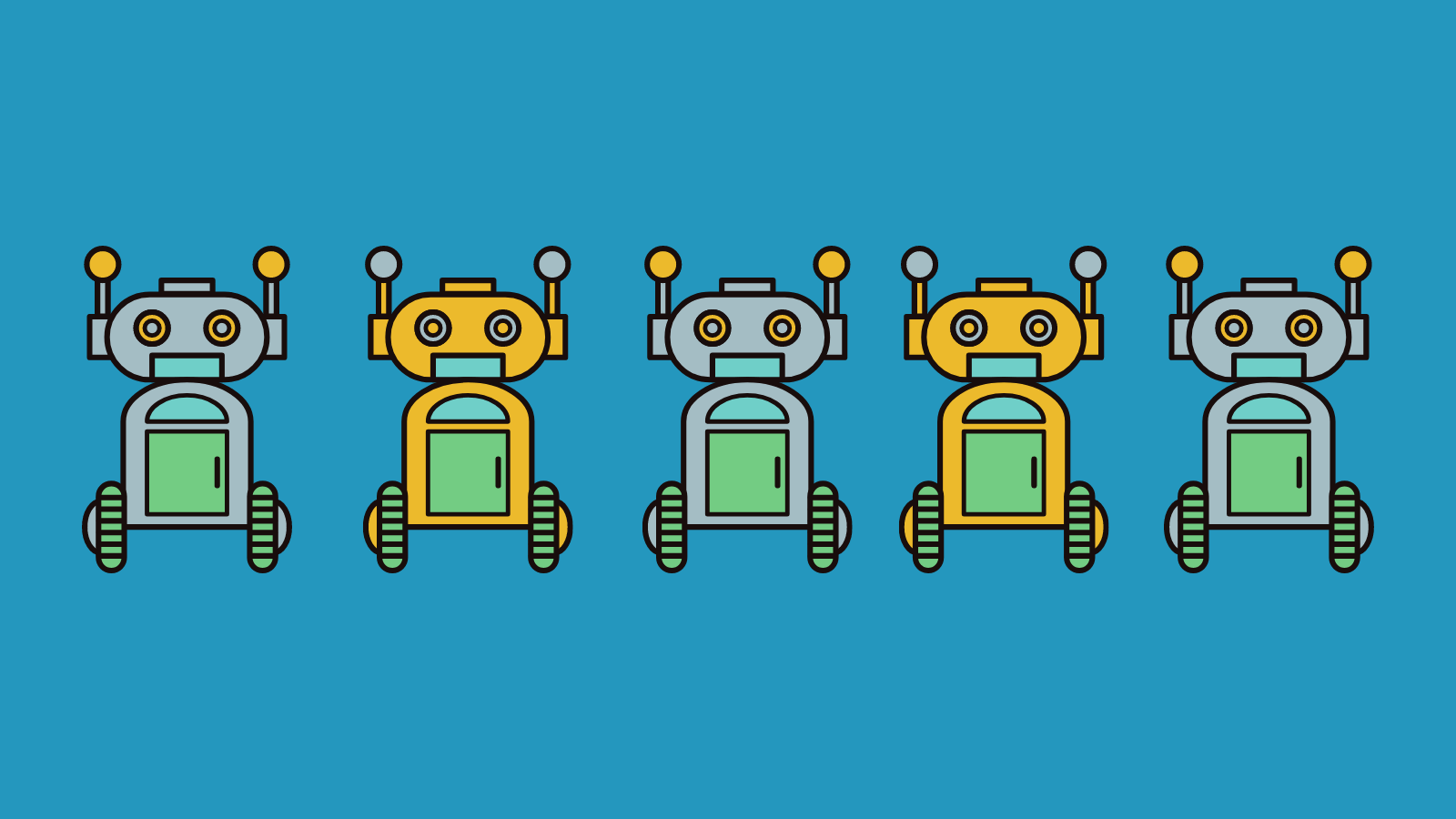 Five cartoon robots