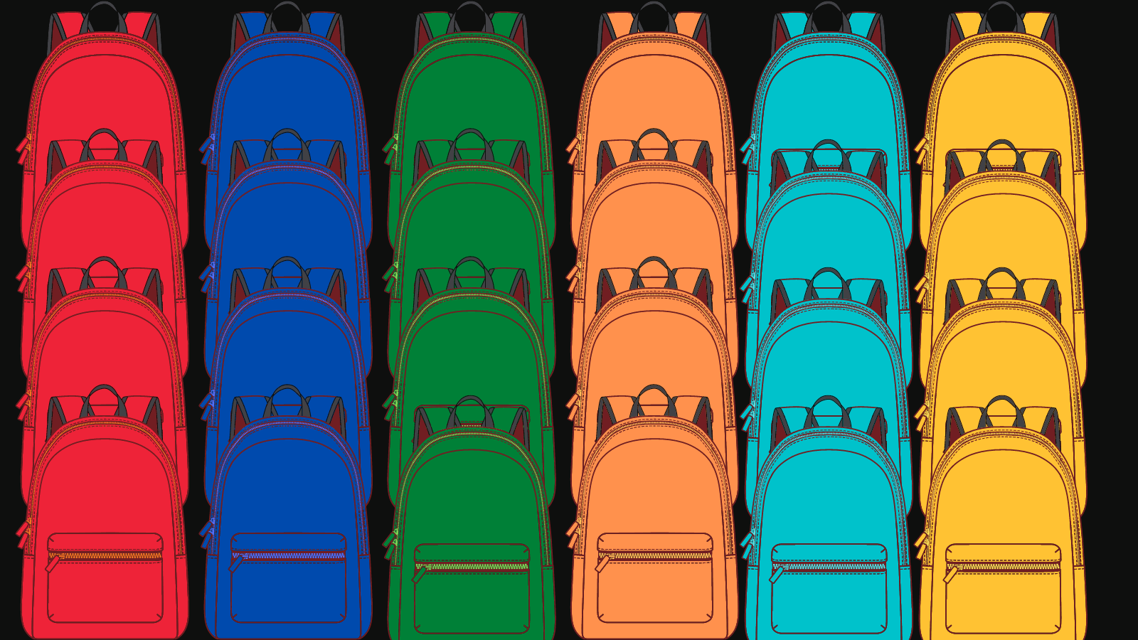 Rows of backpacks in various colors