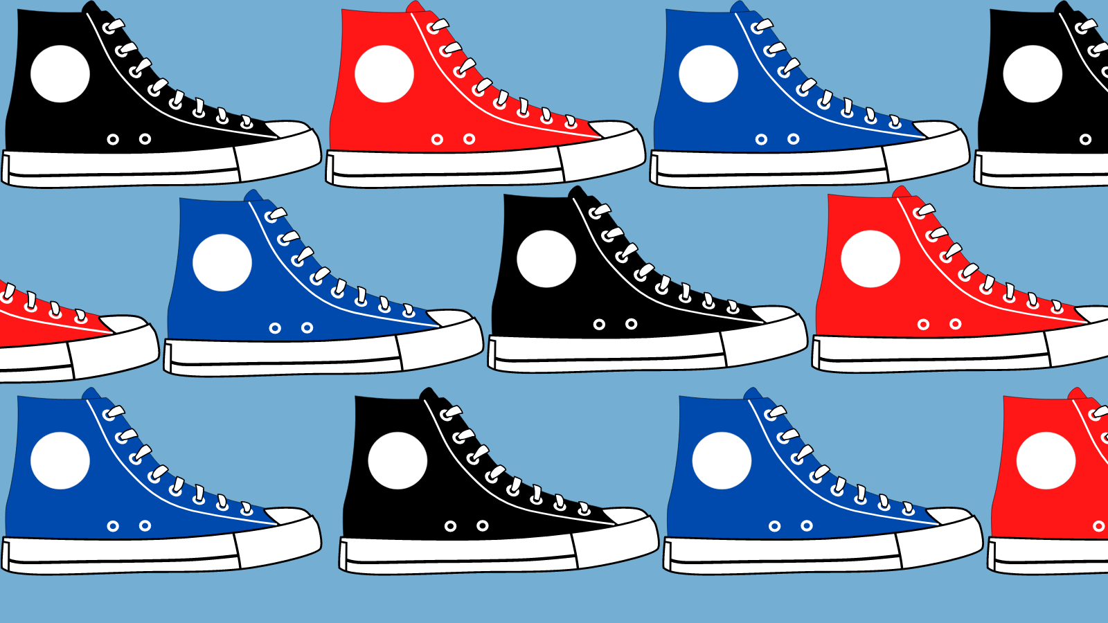 Rows of canvas sneakers in black, red, and blue