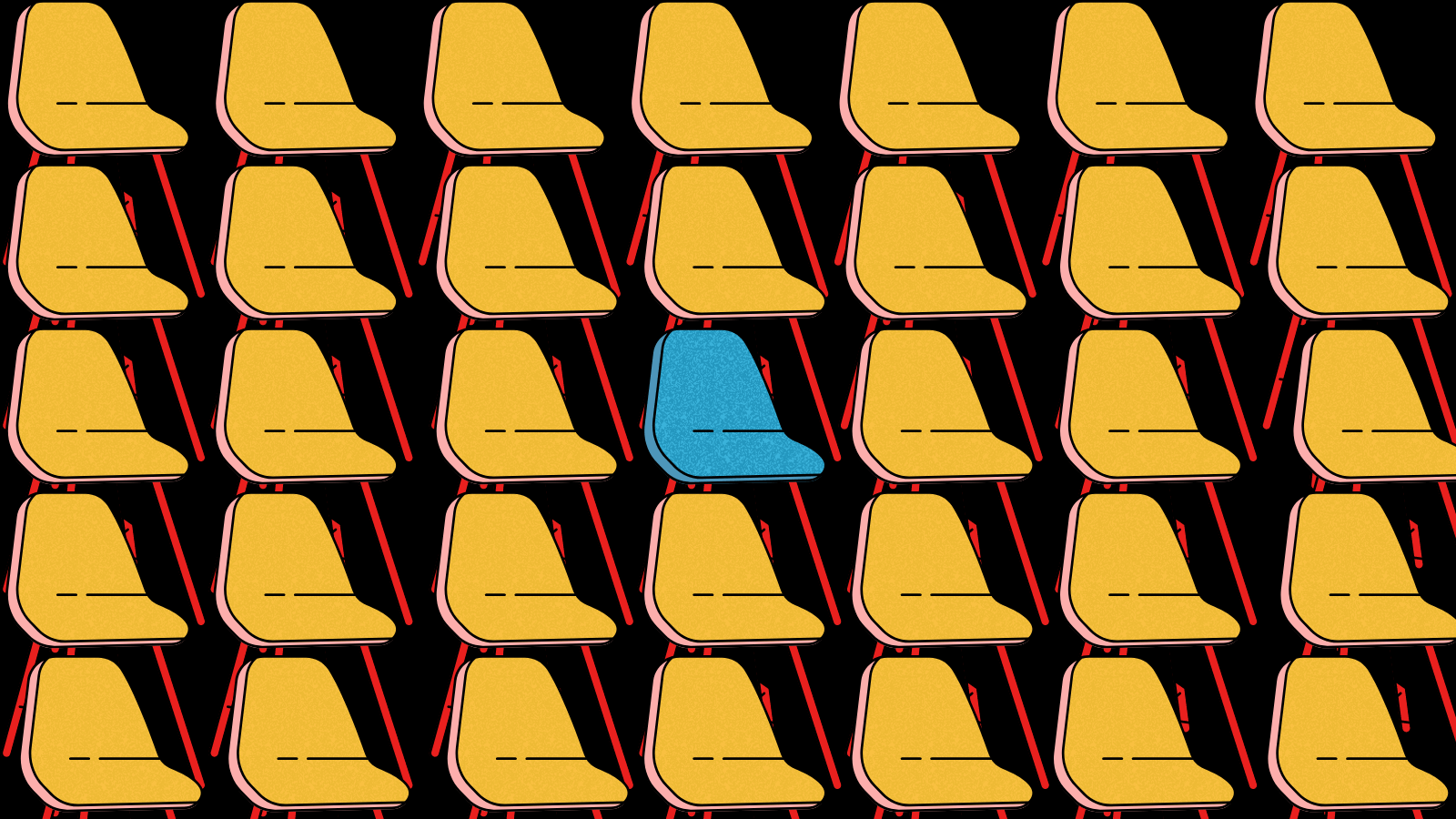 Rows of yellow chairs with one blue chair