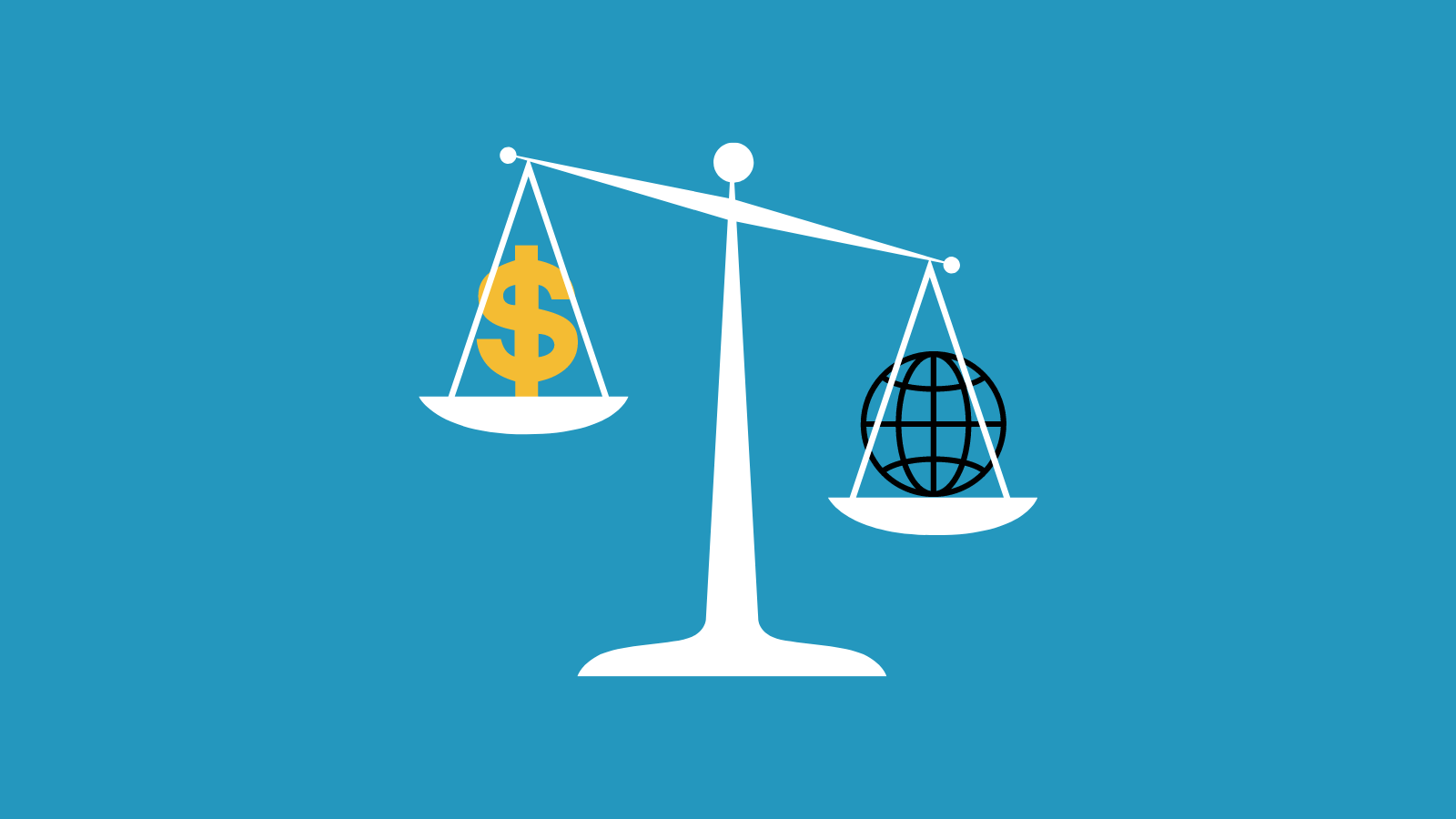 A graphic of a scale with a dollar sign on the left and an internet globe symbol on the right