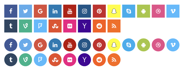 A series of buttons with various social media icons in square and circle options