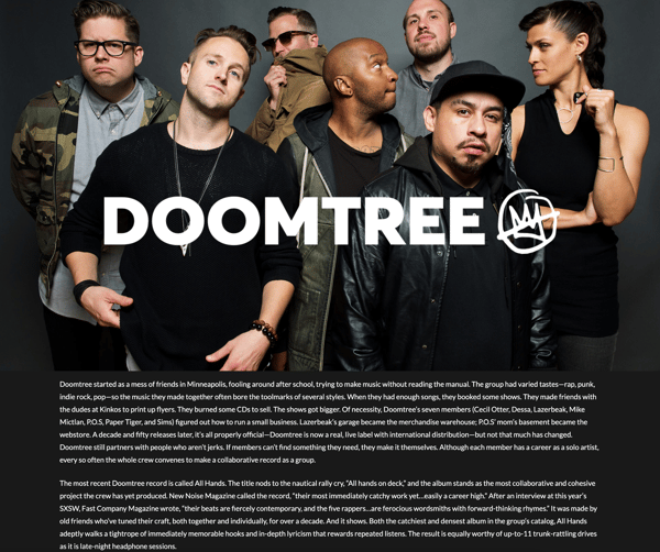 The about page for record label Doomtree. The image shows a group of people in streetwear looking at each other. There is a two-paragraph bio underneath. 