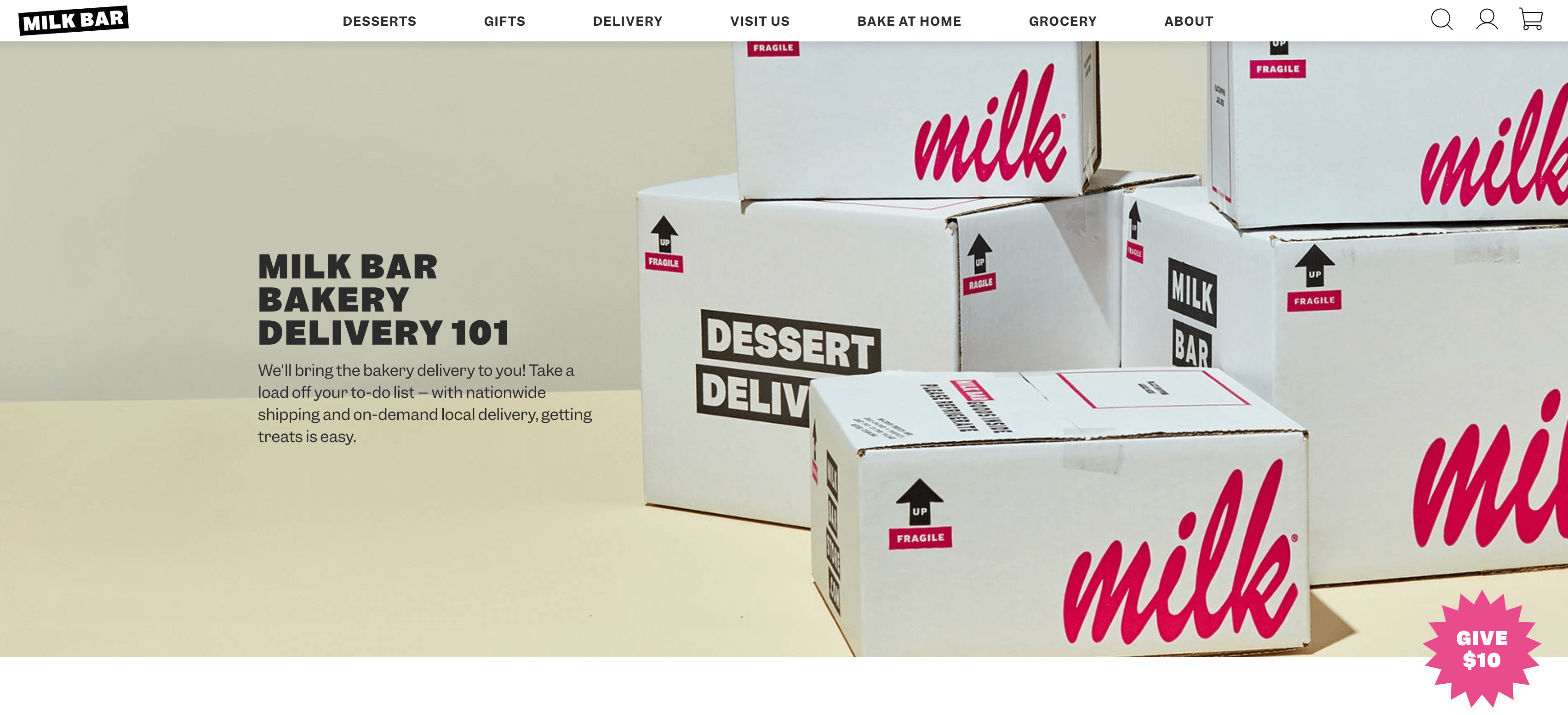 Milkbar's delivery page featuring a hero image of their branded delivery boxes