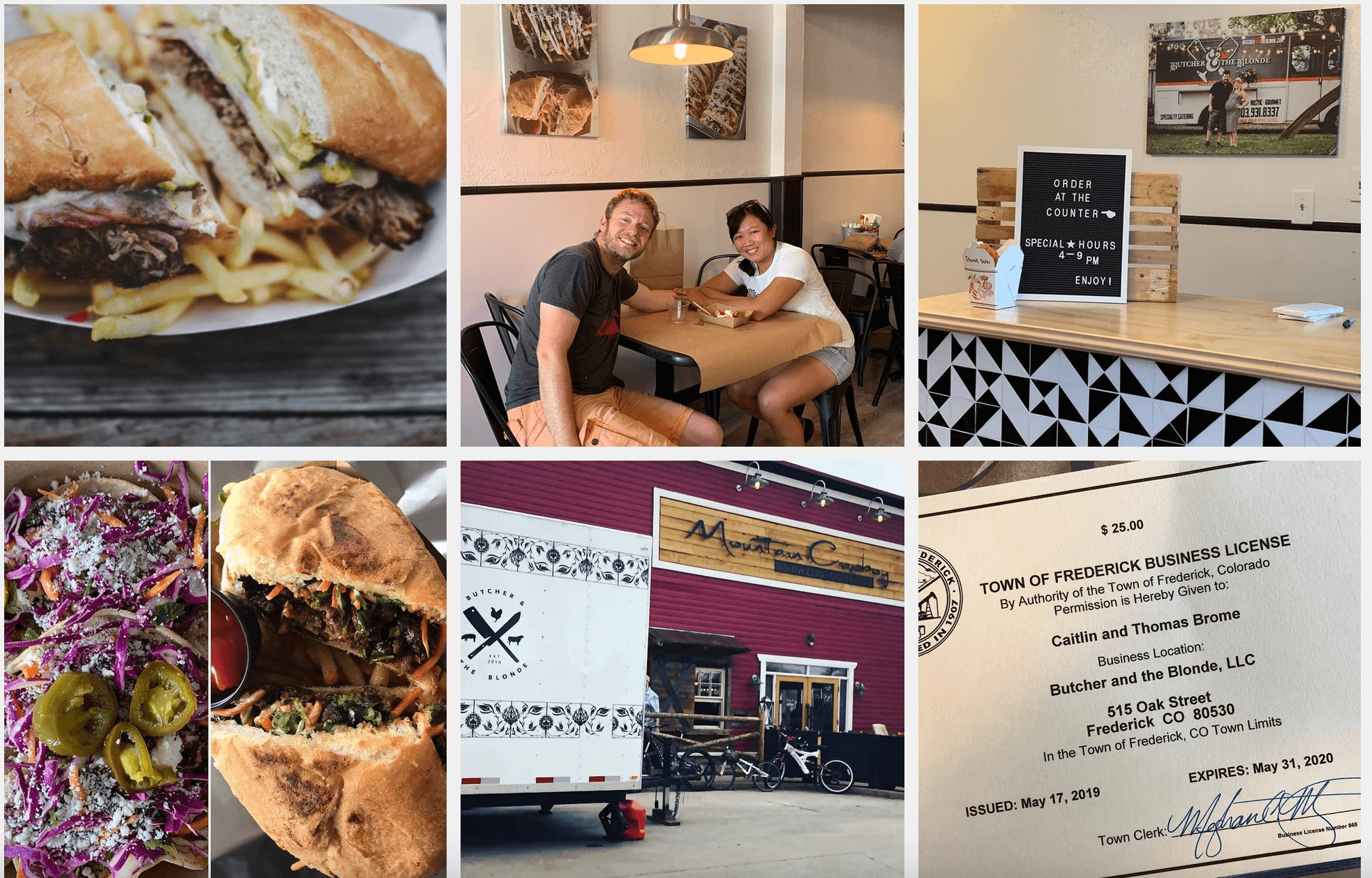A sample of the photo gallery from The Butcher and the Blonde featuring pictures of food, customers, and their business license