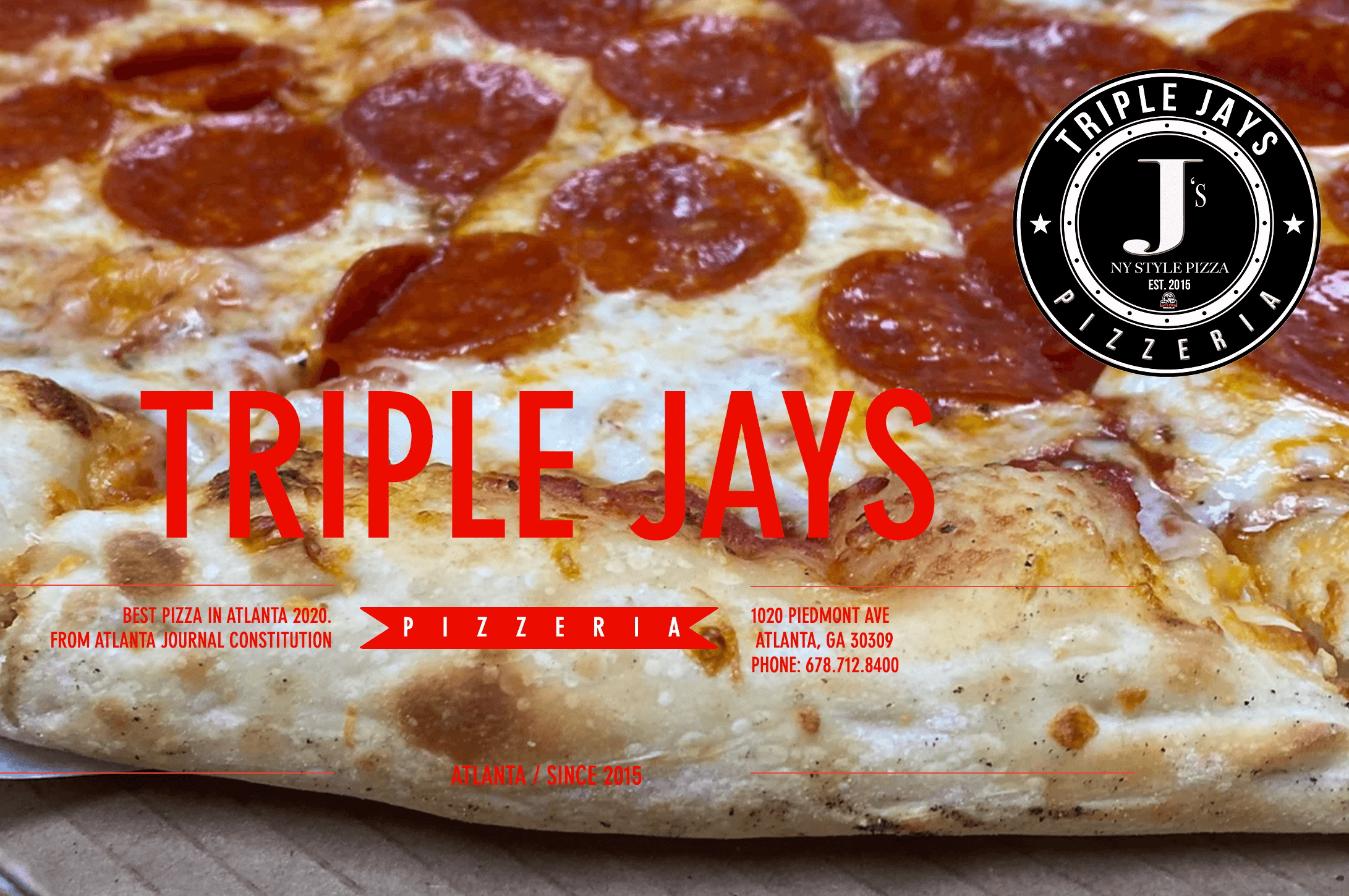Triple Jays Pizzeria's homepage featuring a closeup hero image of a pepperoni pizza