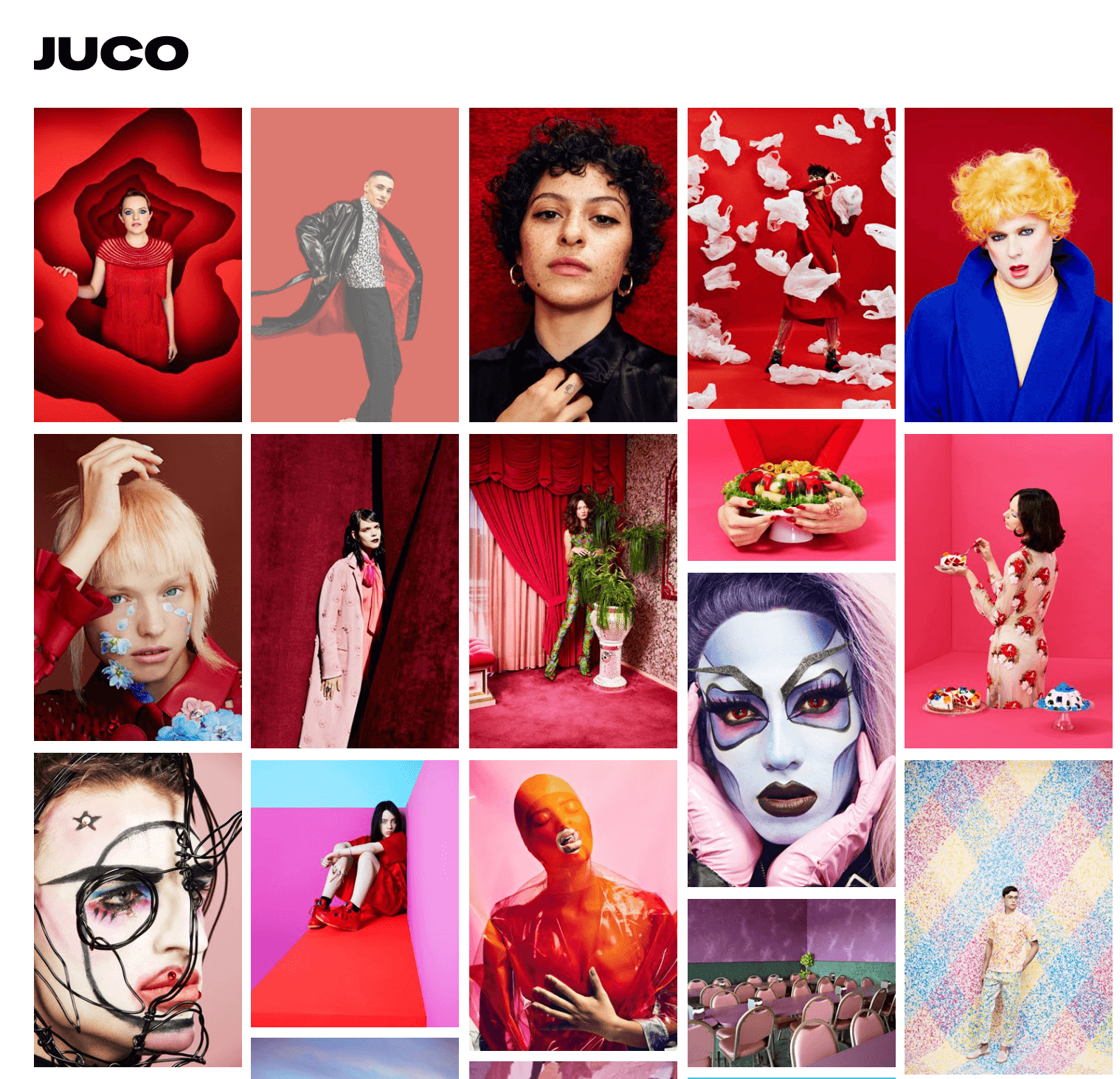 Juco photography's homepage, featuring bold photos arranged by color in a grid
