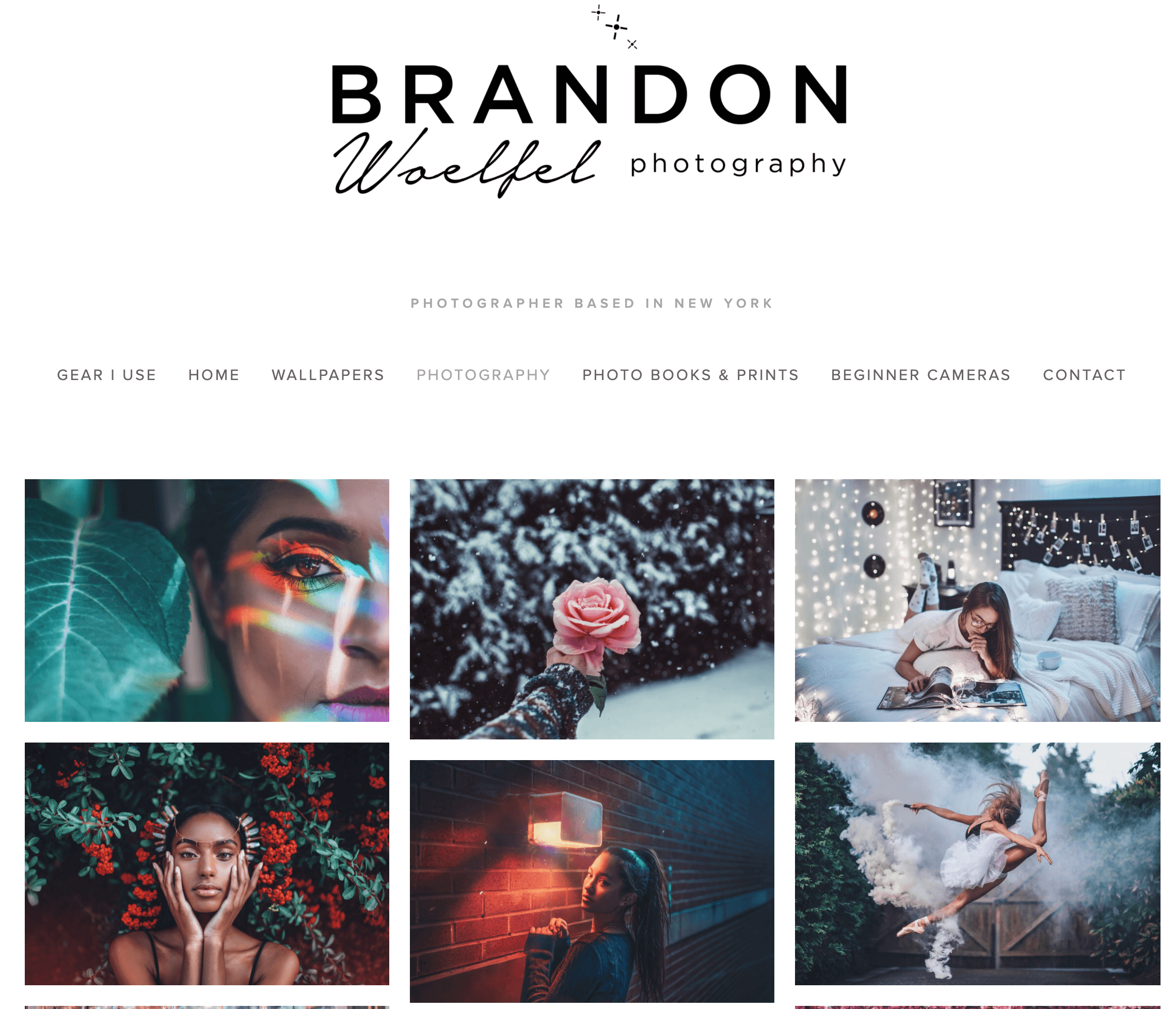 A partial screenshot of Brandon Woelfel's photography portfolio that highlights its design