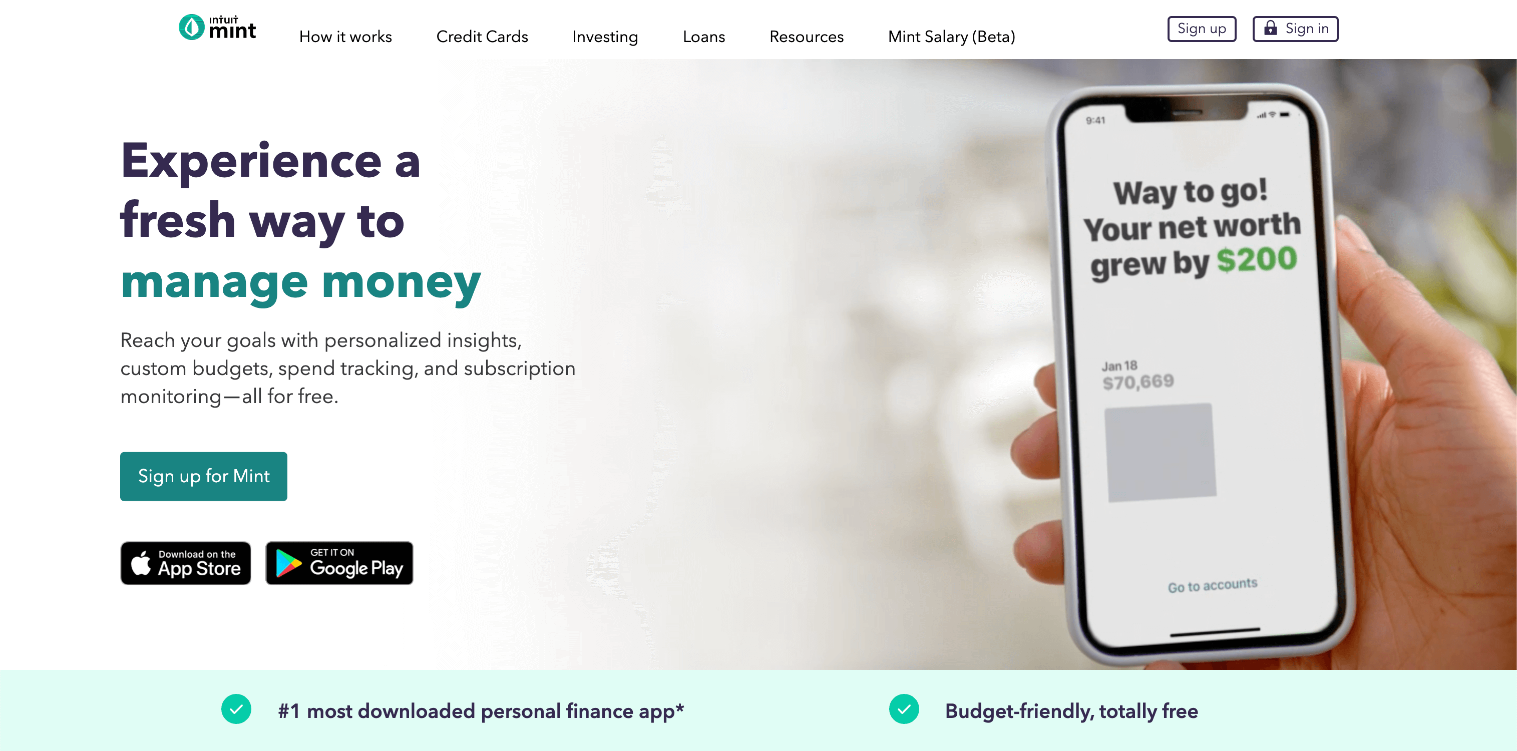 The homepage for Mint by Intuit