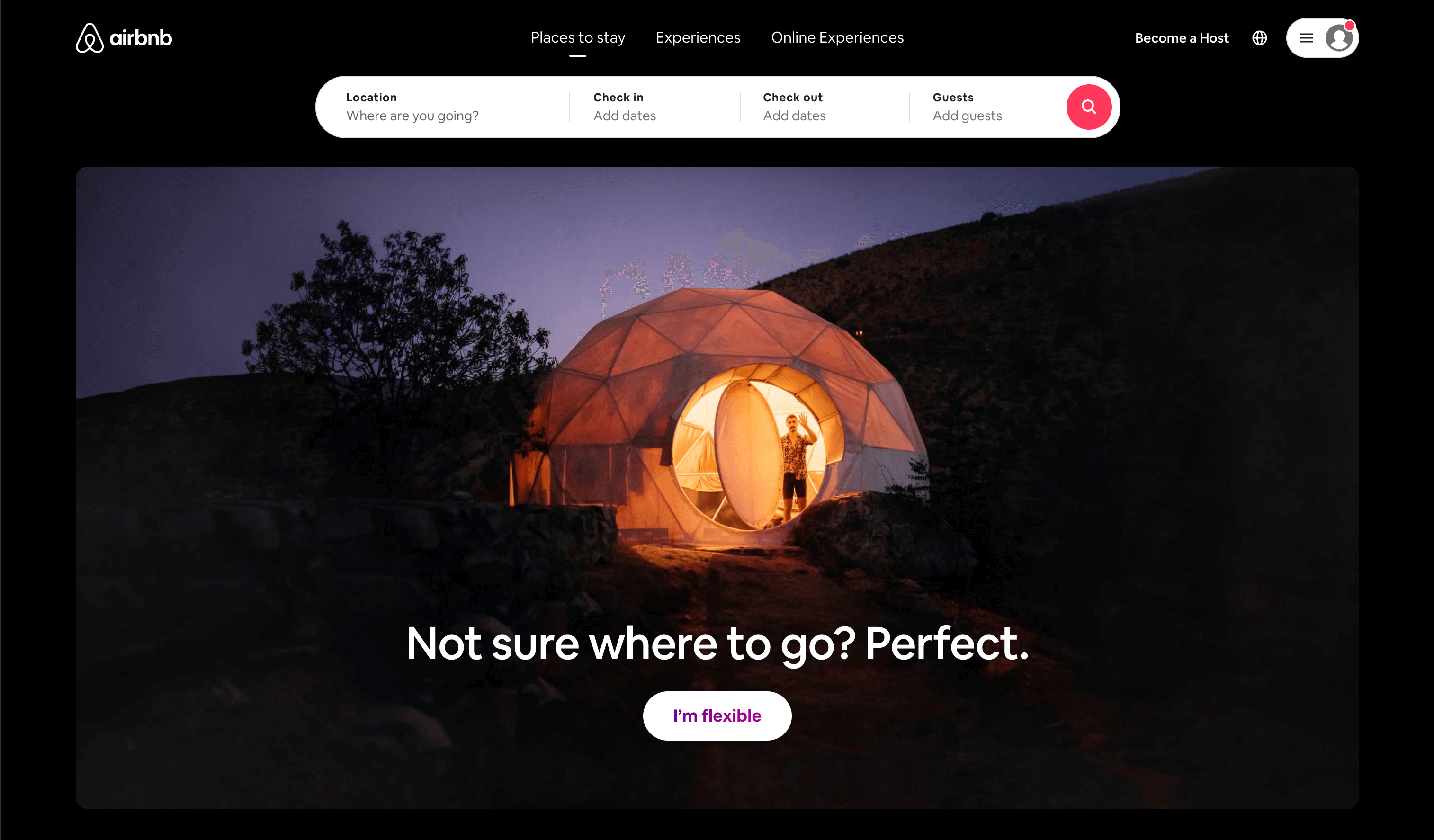 The homepage for AirBnB