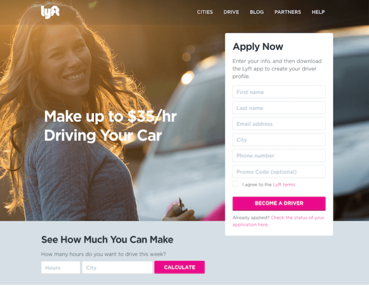 A driver sign up landing page for Lyft