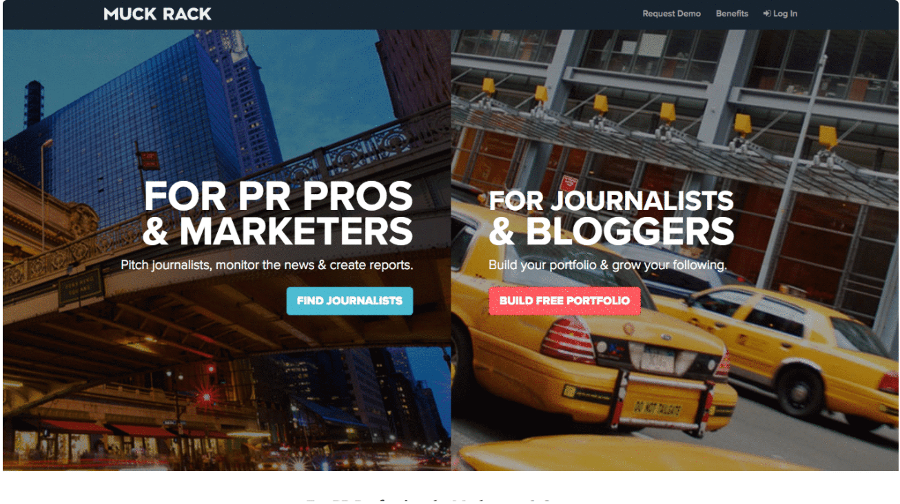 A landing page from Muck Rack with a dual CTA: one for journalists and one for people looking to hire journalists