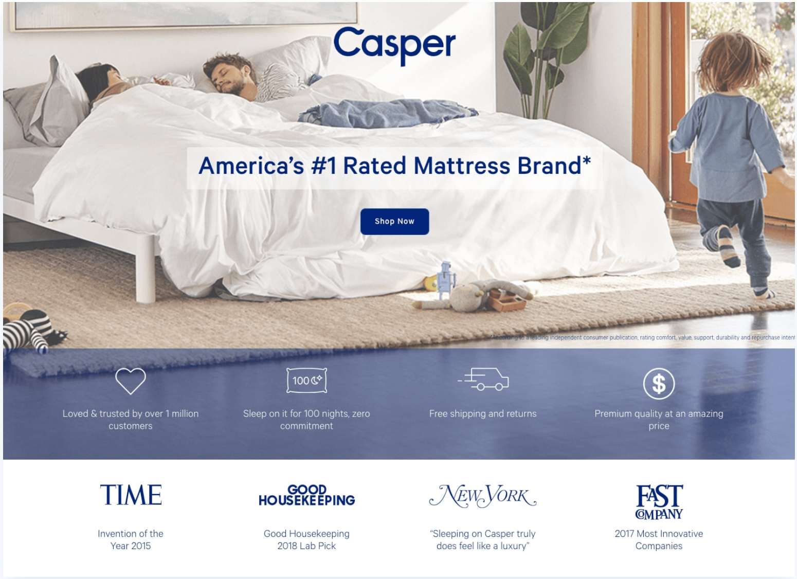 A landing page from Casper encouraging visitors to shop now