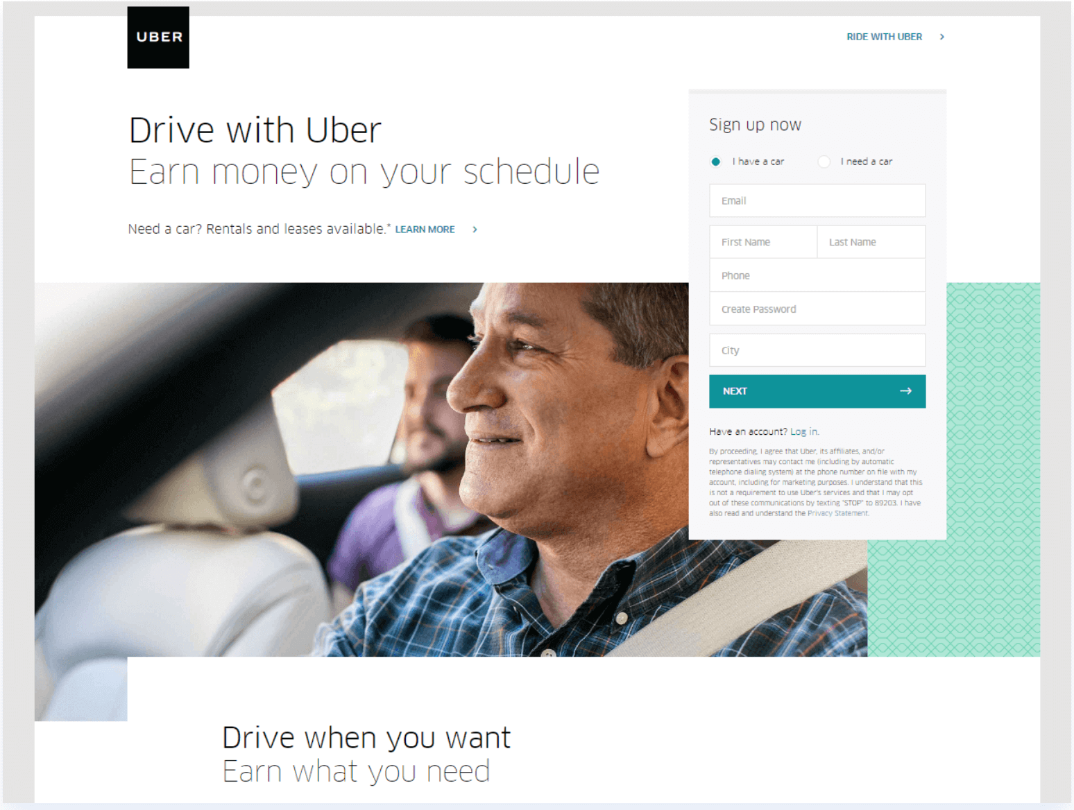 A driver sign up page for Uber