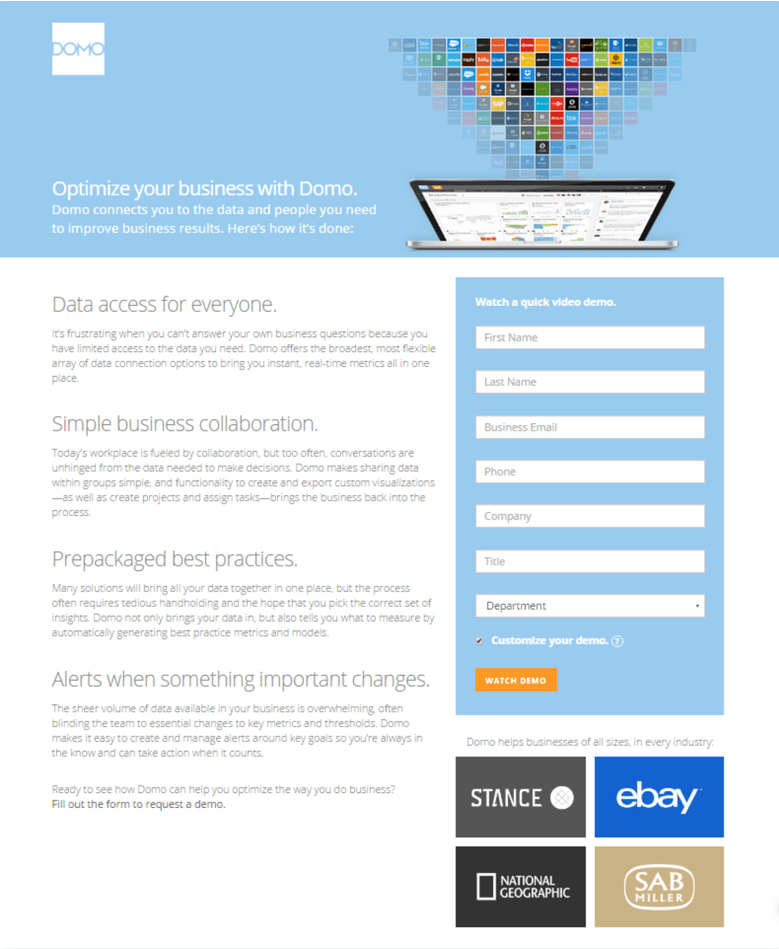 A landing page for Domo offering a free demo in exchange for giving contact information