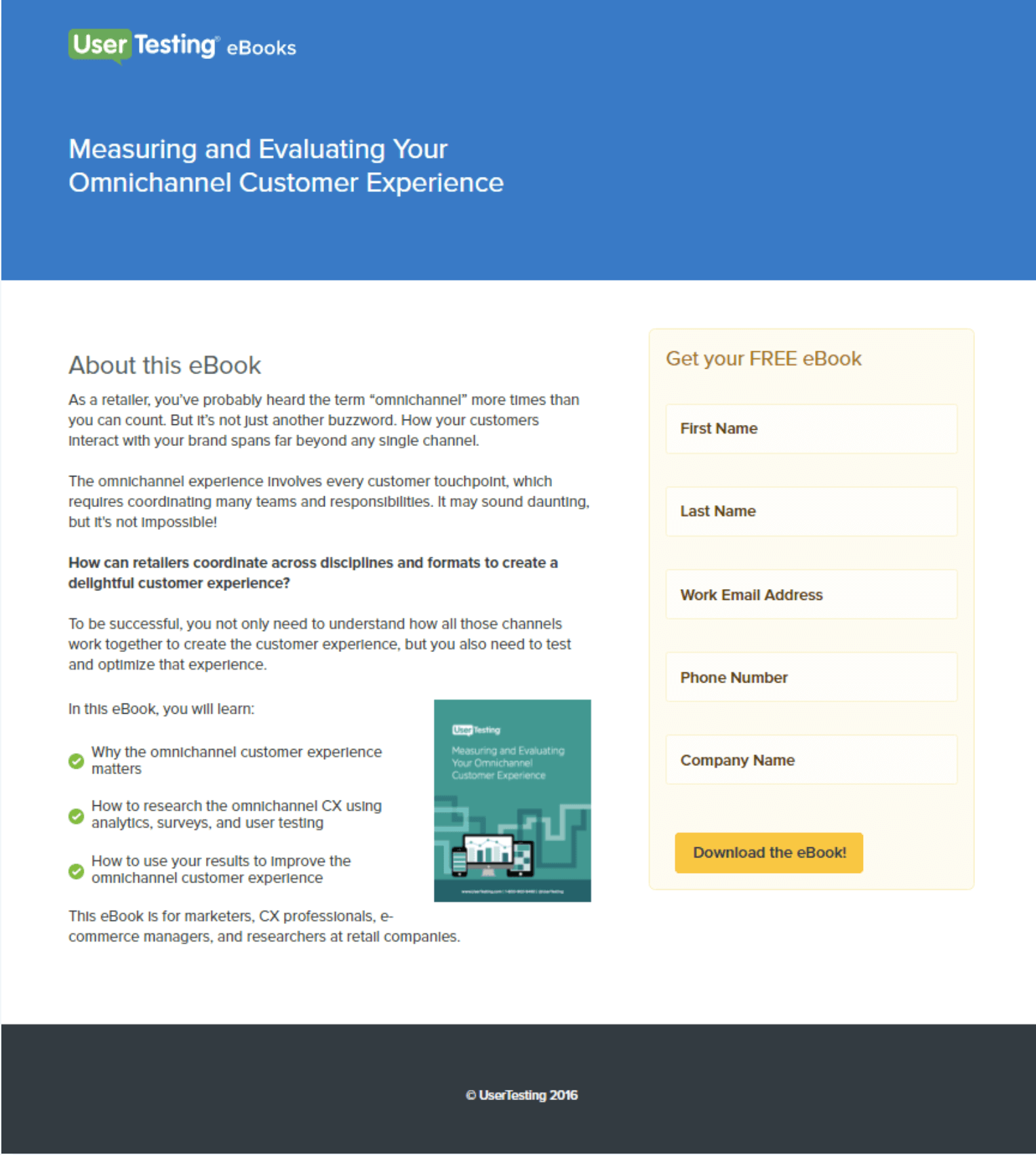 A landing page for UserTesting offering an ebook in exchange for contact information