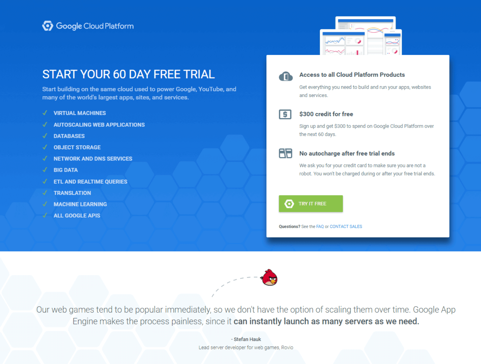 A landing page for Google Cloud offering a 60 Day free trial
