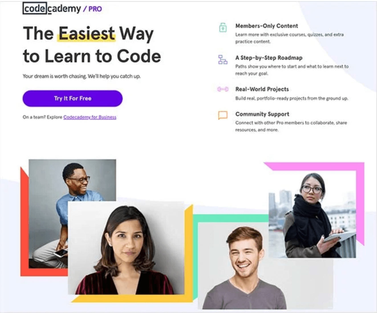 A landing page for Codecademy encouraging visitors to sign up for a free trial 