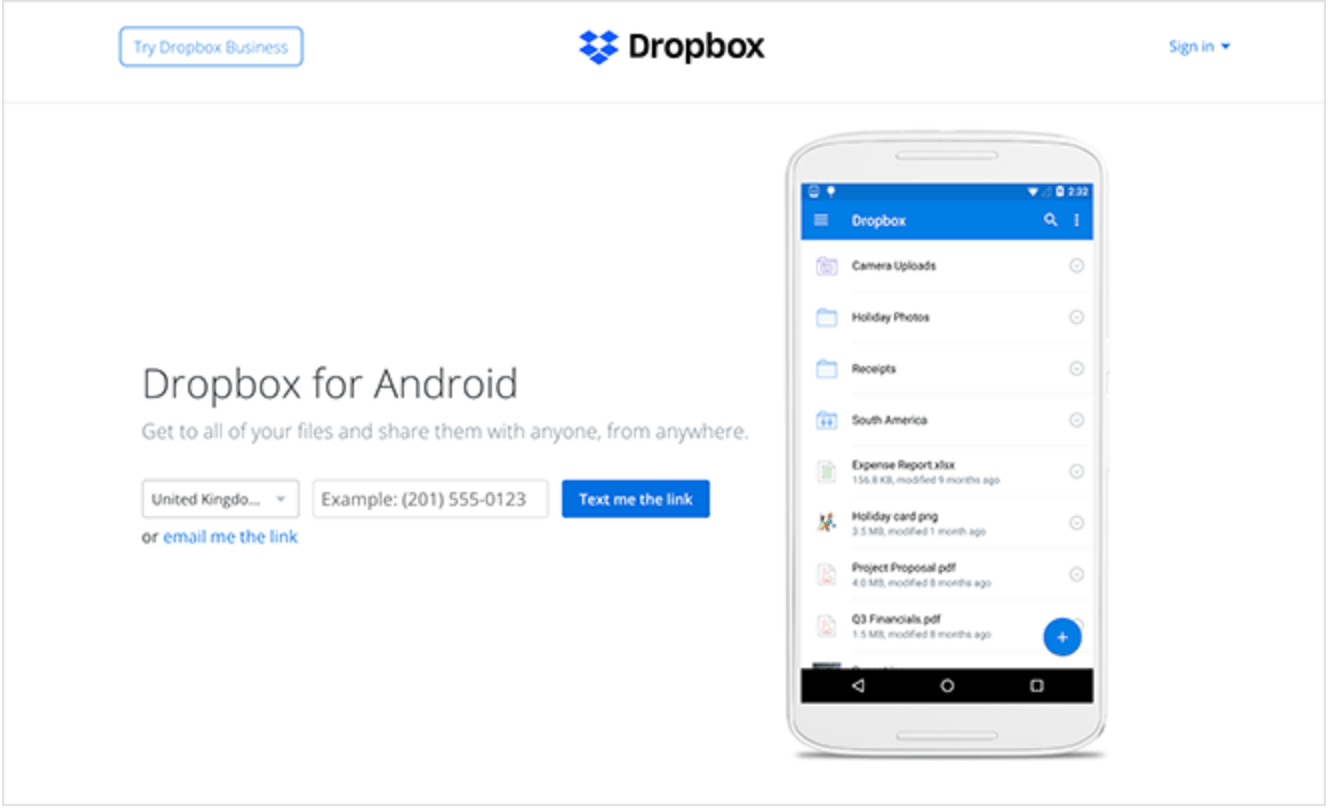 A landing page for Dropbox encouraging signups
