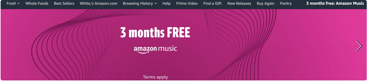 A homepage banner from Amazon Music with the words "3 months FREE" in white against a purple background.