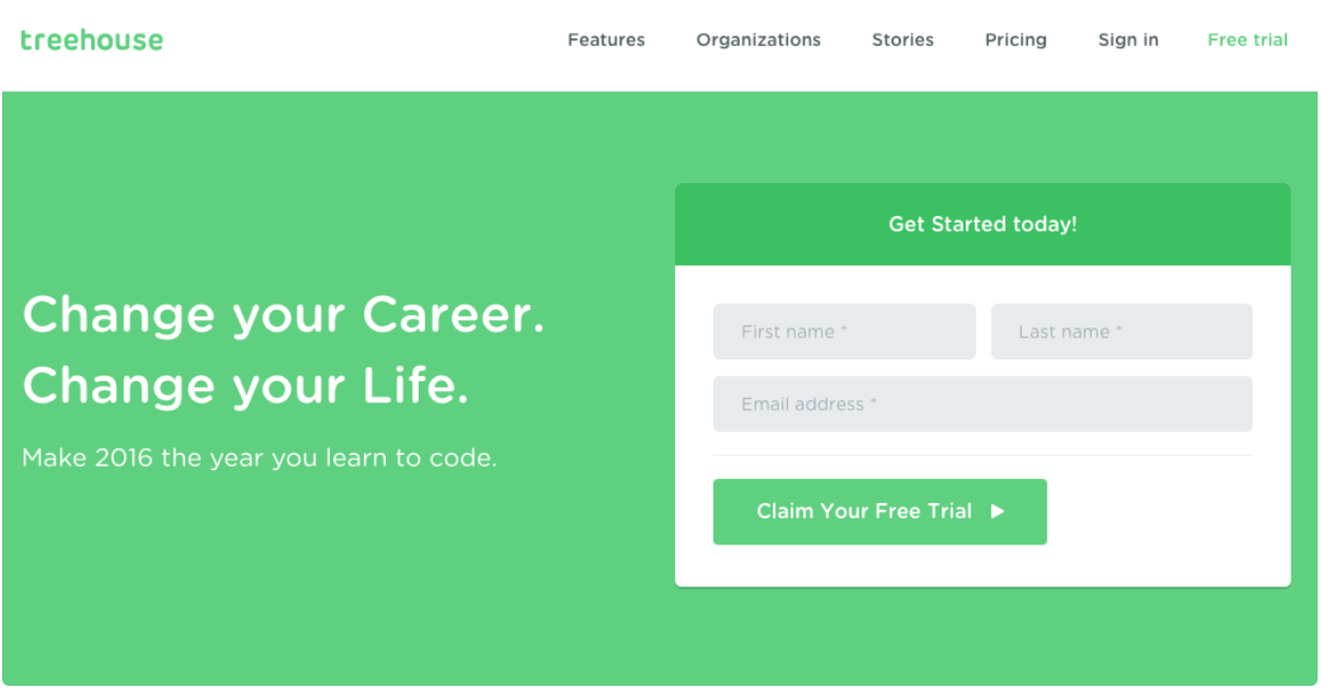 Treehouse's homepage. The tagline reads "Change your Career. Change your Life."