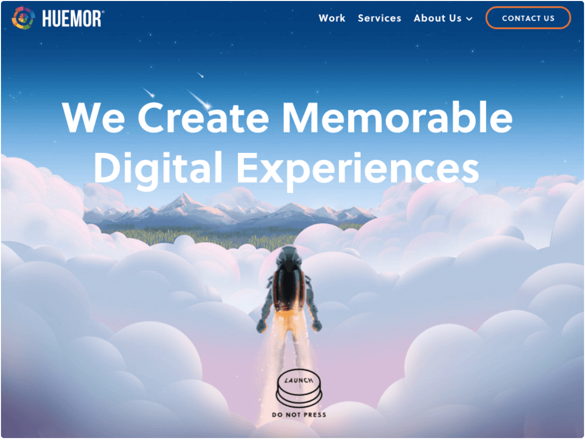 Huemor's homepage featuring an illustration of a character zooming with a jetpack over clouds with mountains in the distance. 