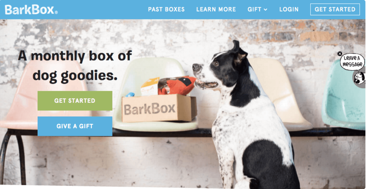The homepage for Bark Box featuring a photo of a medium-sized dog next to one of their subscription boxes