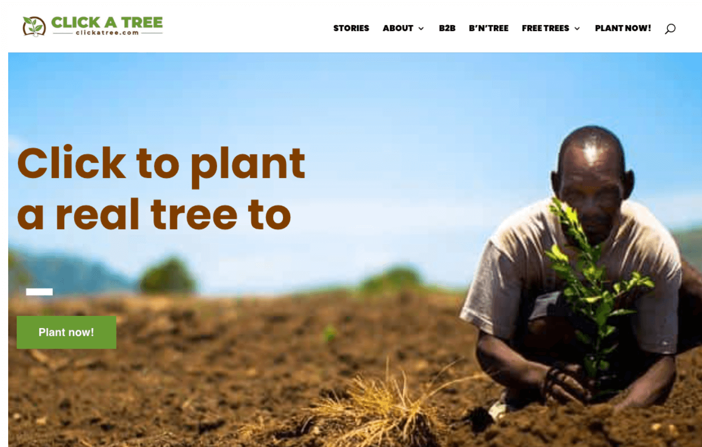 Click a Tree's homepage featuring a hero image of a man planting a tree. 