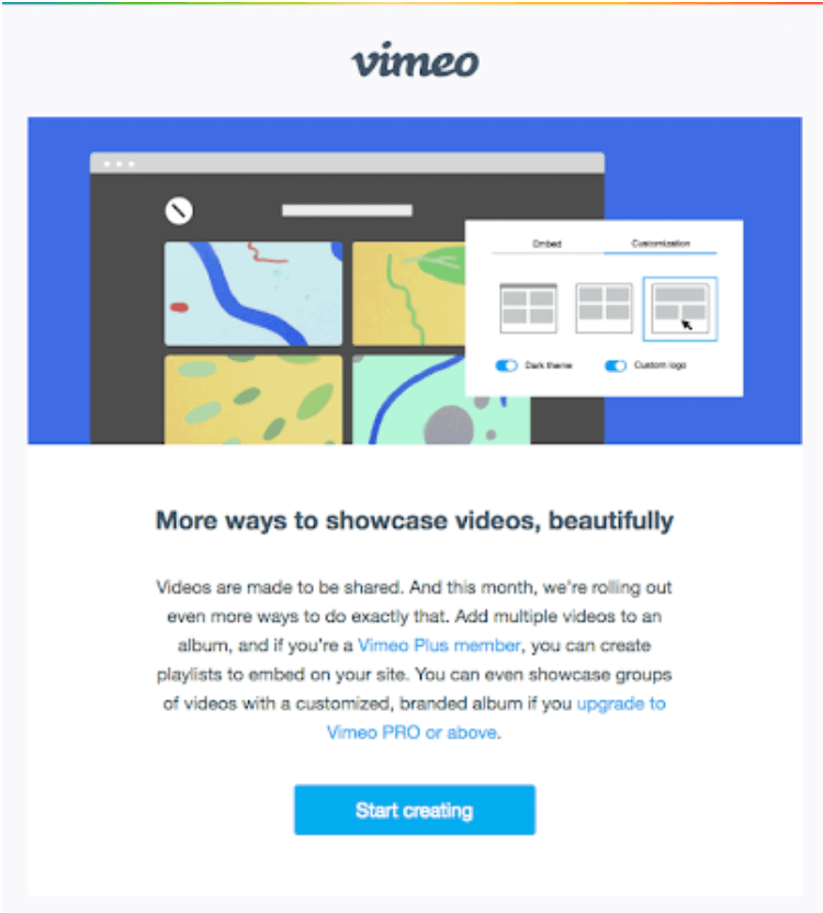 Vimeo's homepage. The tagline reads "More ways to showcase videos, beautifully"