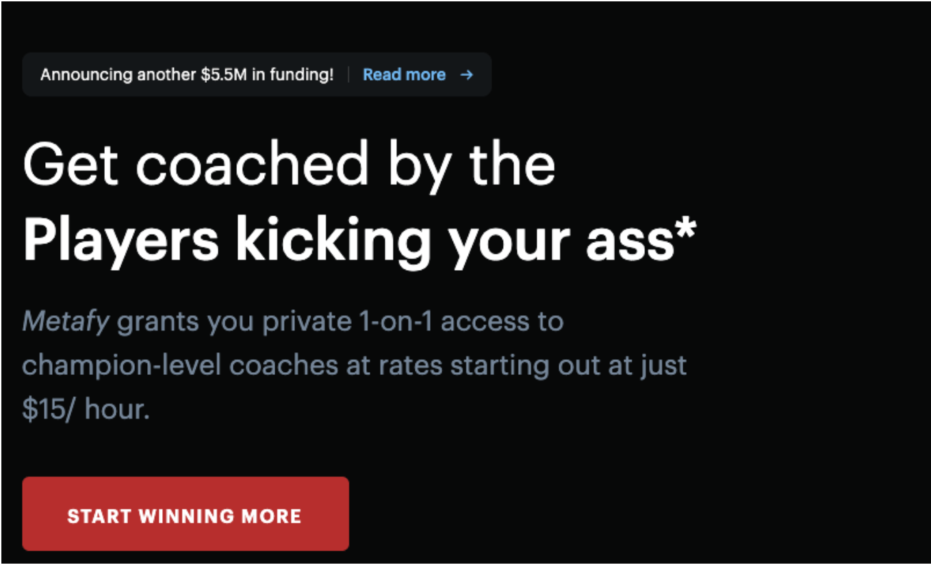 Metafy's homepage. The tagline reads "Get coached by the players kicking your ass."