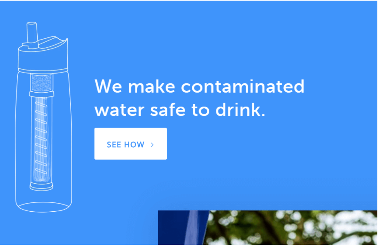 Lifestraw's homepage. The tagline reads "We make contaminated water safe to drink"