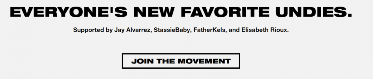 A partial screenshot of Bamboo Underwear's homepage. The tagline read's "Everyone's new favorite undies." The subtitle reads "Supported by Jay Alvarrez, StassieBaby, FatherKels, and Elisabeth Rioiux."