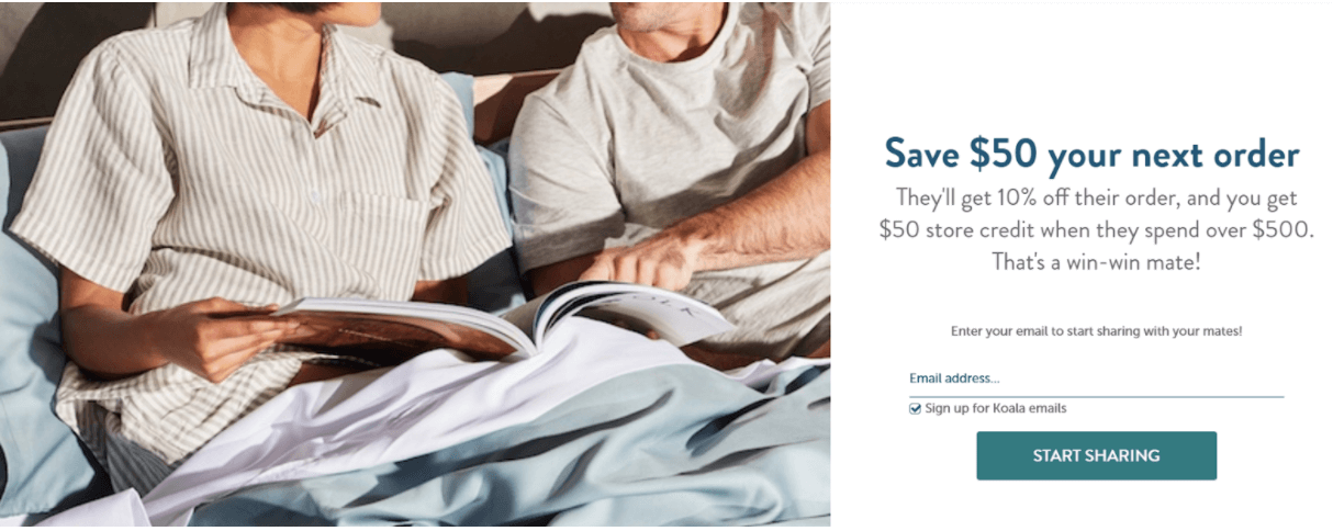An invitation to share refer friends to Koala Mattress accompanying an image of one two people sitting up in a bed. The person on the left is reading a magazine while the person on the right points at a page.