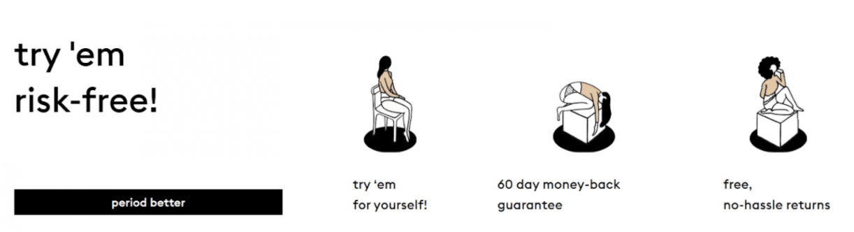 A homepage banner for Thinx featuring little cartoons with the captions "try 'em yourself," "60 day money-back guarantee," and "free, no-hassle returns." 