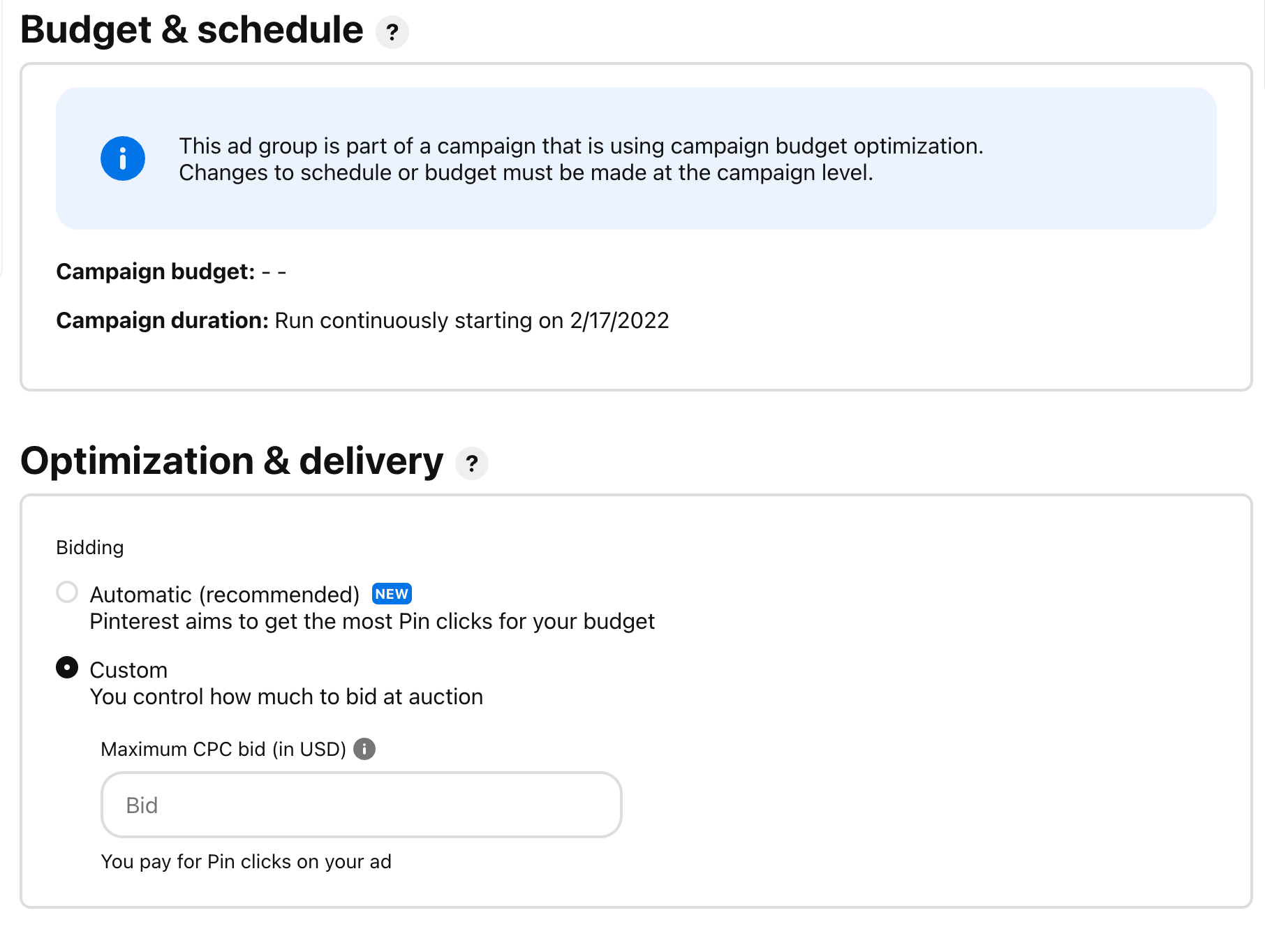The Pinterest budget and schedule page