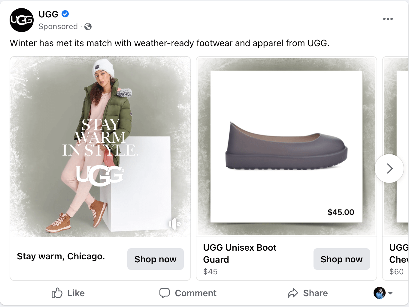 A Facebook carousel ad for Uggs