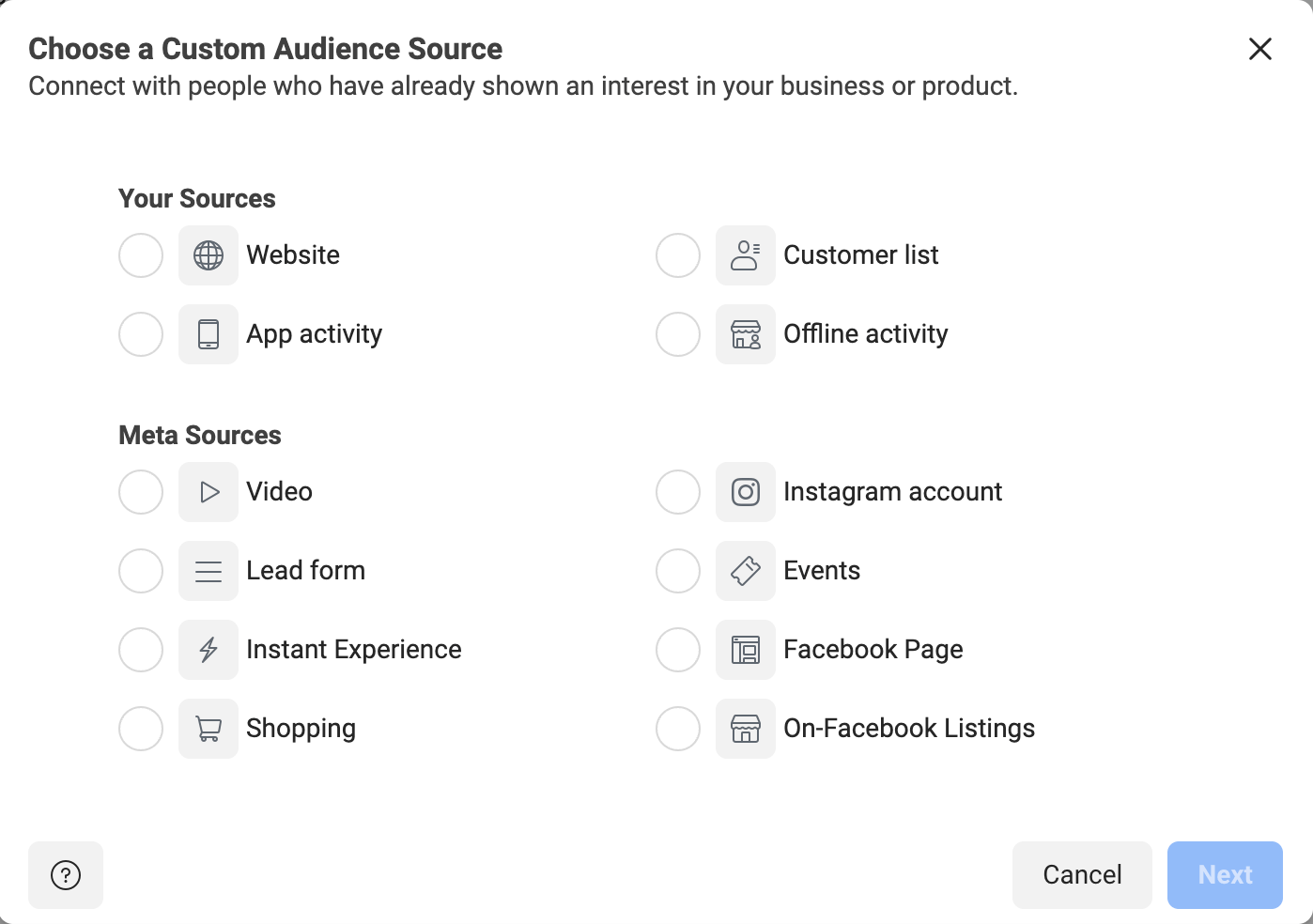 Facebook's custom audience sources