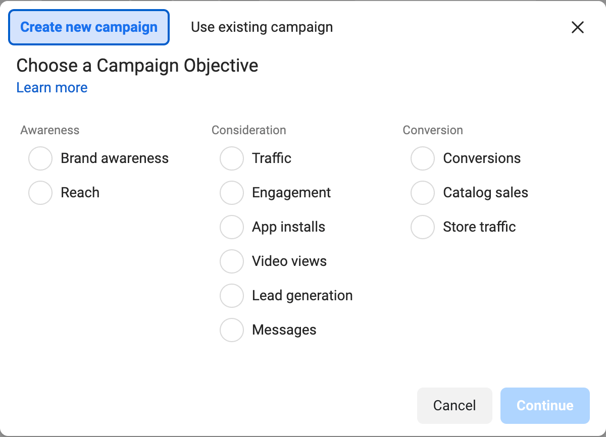 Facebook's Choose Campaign Objective screen